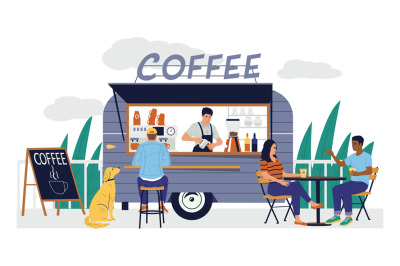 Coffee shop. Cartoon street cafe in van trailer, small family business