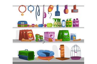 Pet shop. Cartoon toys&2C; foods and goods for cats and dogs. Assortment