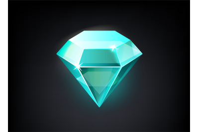 Diamond. Cartoon shining blue precious stone. Isolated jewelry mockup