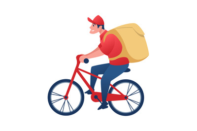 Food delivery worker on bicycle. Cartoon man carrying order to client.