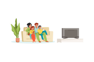 Family watching TV. Parents and children at home. Cartoon mother and f