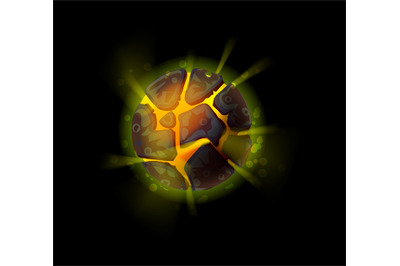 Fantasy asteroid. Cartoon planet with fiery surface. Fictional glowing