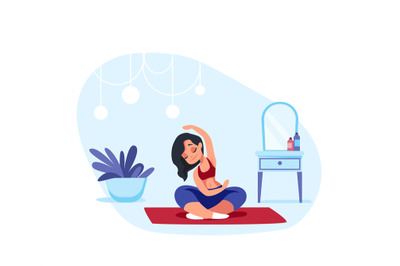Home yoga. Cartoon woman meditating and doing breathing exercises. Cha