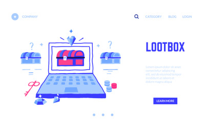 Loot box landing page. Win treasure in computer game or jackpot in onl