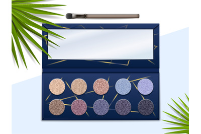 Eyeshadow palette. Realistic makeup color box kit with brush and mirro