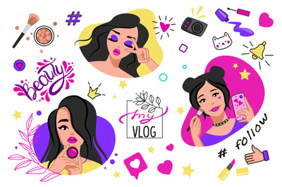 Blogger post. Cartoon beauty blog banner. Girls using decorative cosme