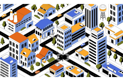 Isometric city. Top view of districts and roads. Cartoon buildings and