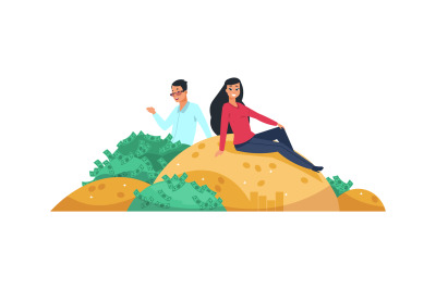 Rich people. Vector couple man and woman sitting on gold mount and bun