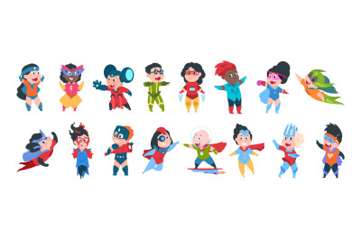 Superhero boys and girls characters. Cartoon kids in super hero costum