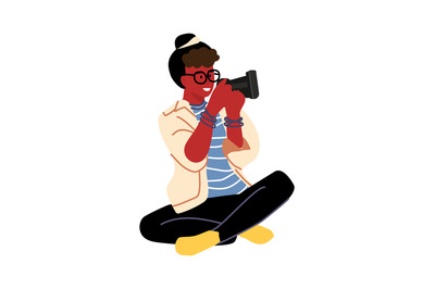 Woman taking pictures. Vector cartoon professional photographer isolat