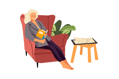 Reading woman. Cartoon female sitting in armchair and holding book. Sm