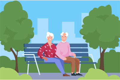 Seniors couple in park. Elderly people sitting on bench. Old man and w