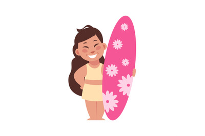 Girl at beach. Cartoon woman standing with surf. Happy smiling teenage