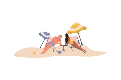Happy couple at beach. Cartoon people sunbathing. Man and woman lying
