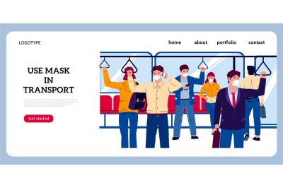 Public transport landing page. Crowd in subway or bus wearing protecti