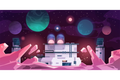 Alien colony. Astronaut base on stranger planet. Cartoon landscape wit