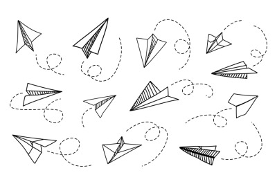 Paper plane. Hand drawn doodle airplane with route tracks. Message del