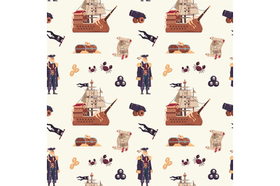 Pirate pattern. Cartoon seamless texture with captain and wooden ship.