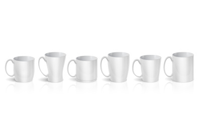 Realistic cups. 3D white mugs. Types set of blank ceramic teacups. Iso