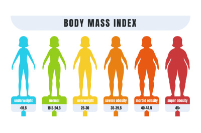 Woman BMI. Body mass index infographic for people with obesity and nor