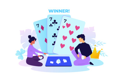 Card game. Cartoon people playing gambling. Winning poker hand. Gamble