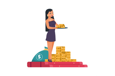 Rich woman. Cartoon female holding tray with gold bars. Girl bringing