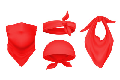 Red bandana. Realistic 3D headbands. Ways to wear scarf on head and ne
