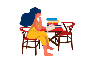 Woman reading book at home. Girl sitting on chair at table. Female enj