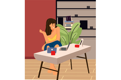 Woman with laptop. Cartoon female resting or working at computer. Youn