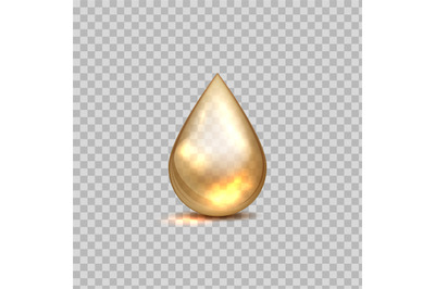 Gold oil drop. Petrol golden droplet. 3D falling blob on transparent b