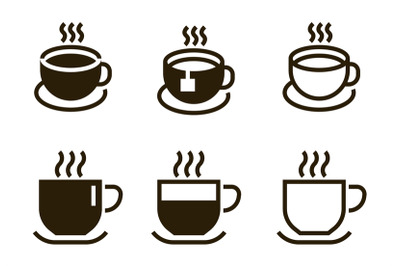 Coffee cup icons. Contour mugs with hot beverages. Black and white sil