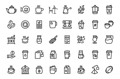 Coffee line icons. Coffee and tea shop outline logo. Cups with hot dri
