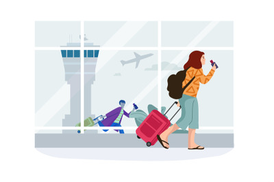 Women in airport. Cartoon passenger rolls suitcase on wheels. Female w
