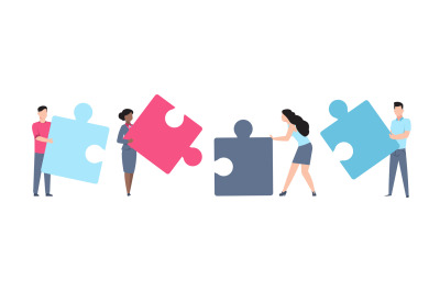 Business teamwork. Cartoon men and women holding puzzle. Employees wor