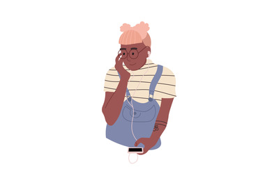 Woman listening to music. Cartoon teenager with smartphone and headset