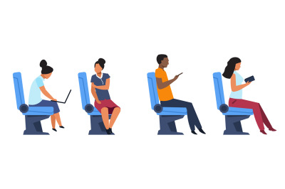 Passengers in airplane, bus or train seats. People sitting in armchair
