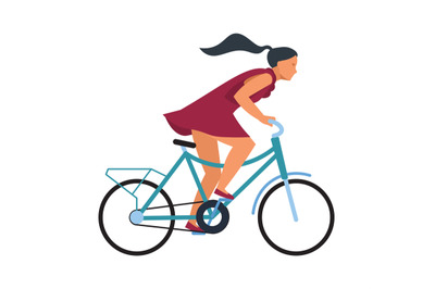 Girl on bike. Cartoon woman riding bicycle fast. Profile view of young
