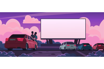 Drive-in romantic cinema. Cartoon couple watching movie in outdoor ope