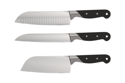 Steel knives. 3D utensil. Realistic kitchen daggers set. Household too