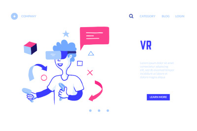 VR landing page. Boy in virtual reality glasses plays digital games wi