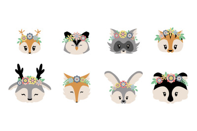 Woodland animals. Cartoon forest characters in flower wreaths. Isolate