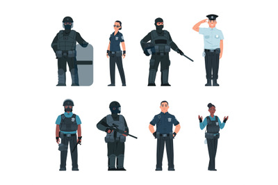 Police officers. Policeman and security guard persons with various amm
