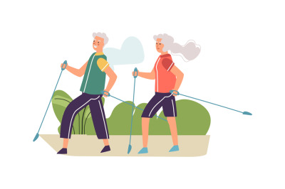 Elderly couple performing Nordic walking. Old people activity. Senior