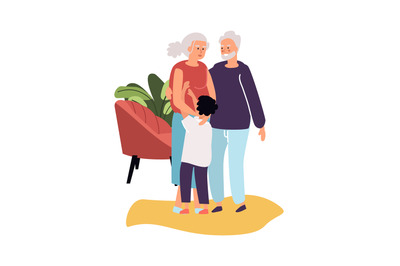 Grandparents with grandson. Cartoon grandma and grandpa hugging boy. M