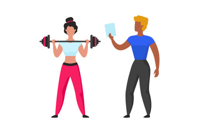 Gym coach. Cartoon fitness trainer helps girl workout. Instructor teac