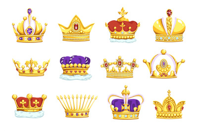 Cartoon crowns. Golden king and queen royal headwear. Gold diadems wit