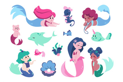 Cartoon mermaid. Cute faire tale character. Seamaid princess with tail