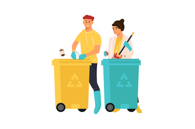 People putting rubbish in trash bins. Cartoon man and woman sorting ga