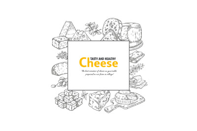 Cheese label. Dairy products hand drawn banner. Pieces or slices of ma