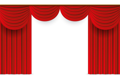 Red curtains. Realistic theater stage drapery. 3D luxury window drapes